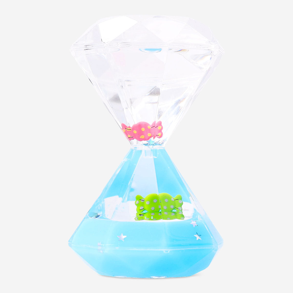 Decorative blue hourglass gadget from Flying Tiger Copenhagen with a sleek glass design and flowing sand inside.