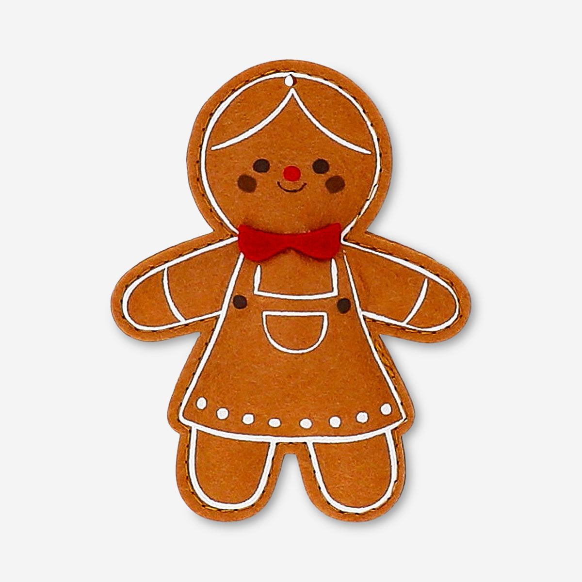 Felt gingerbread girl hanging ornament for home decor, featuring detailed stitching and a festive holiday design.