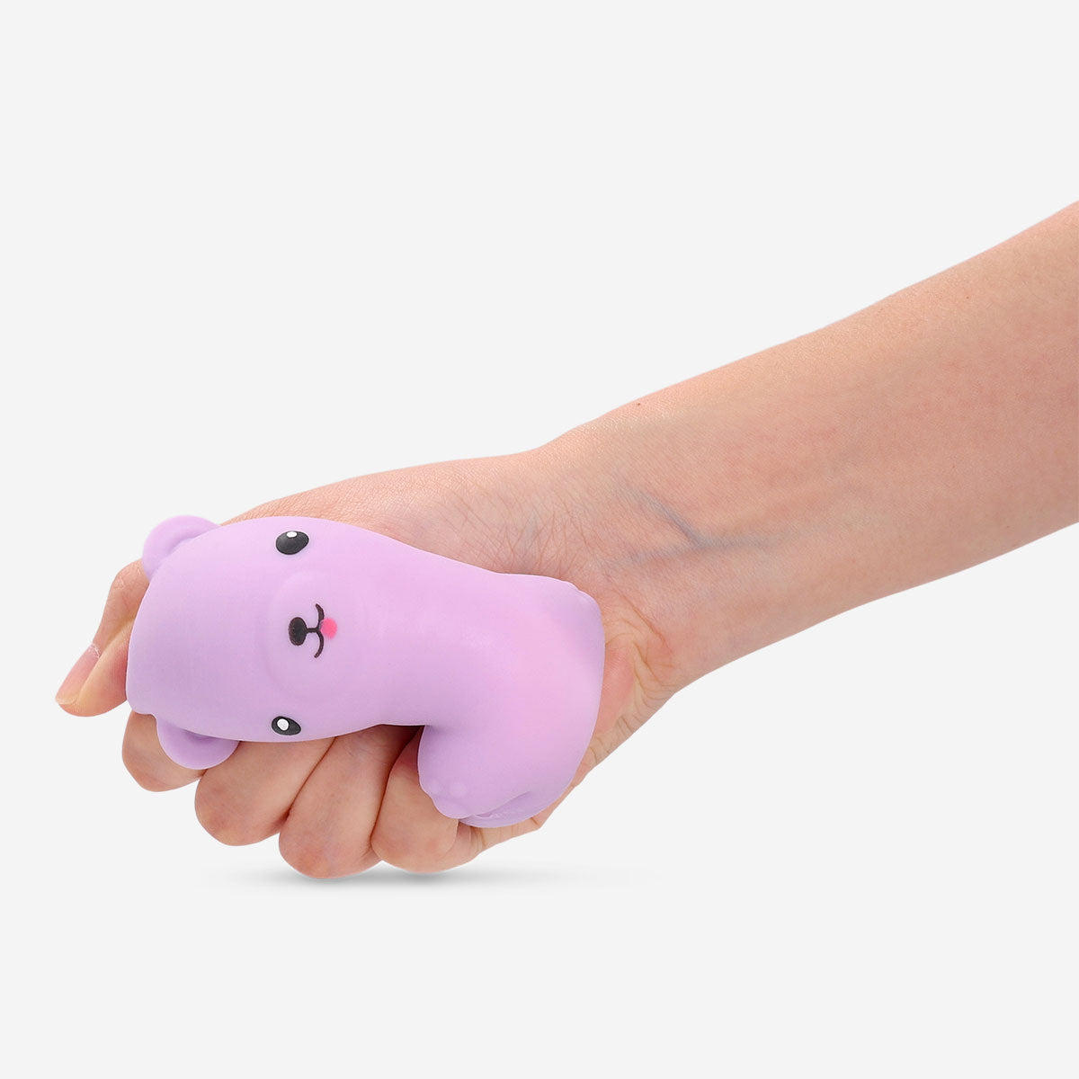 Purple bear press me toy gadget from Flying Tiger Copenhagen, showing a cute plush bear with a press button feature.