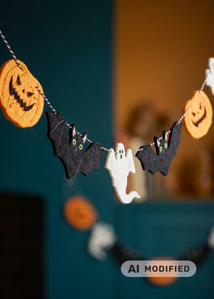 Halloween felt garland for party decor, 300 cm long, by Flying Tiger Copenhagen, featuring colorful felt shapes and festive design.