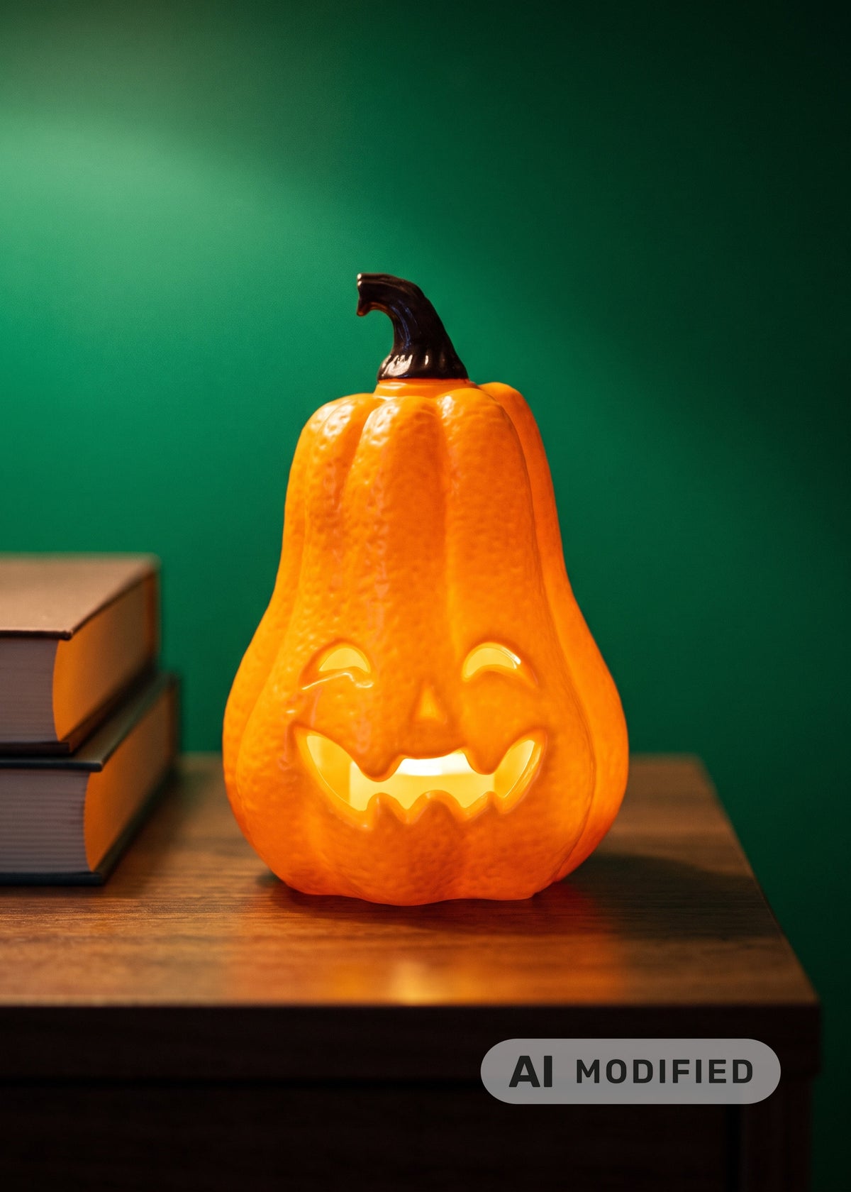 Luminous pumpkin gadget from Flying Tiger Copenhagen, 18 cm tall, featuring a glowing, decorative pumpkin with a modern design.