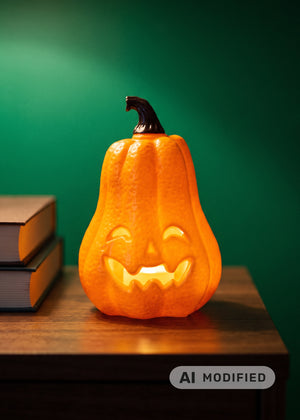 Luminous pumpkin gadget from Flying Tiger Copenhagen, 18 cm tall, featuring a glowing, decorative pumpkin with a modern design.
