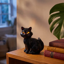 Black LED cat lamp from Flying Tiger Copenhagen glowing softly, ideal as a cozy home decorative light.
