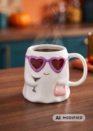 Flying Tiger Copenhagen ghost mug with sunglasses, 400 ml, kitchen ceramic mug featuring a playful ghost design with sunglasses.