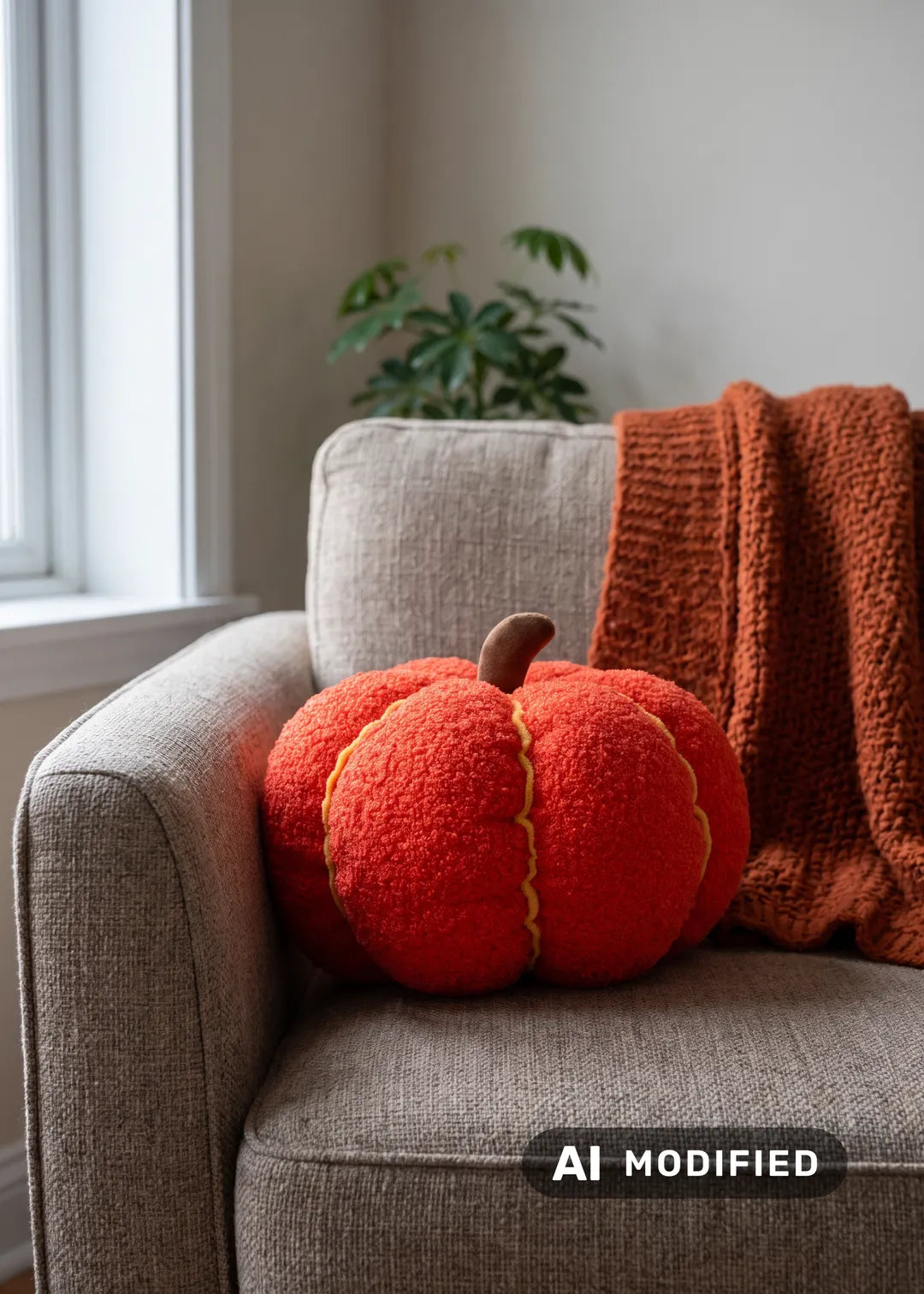 Orange pumpkin-shaped cushion from Flying Tiger Copenhagen, 25 cm, soft fabric with stitched pumpkin design for cozy home decor.