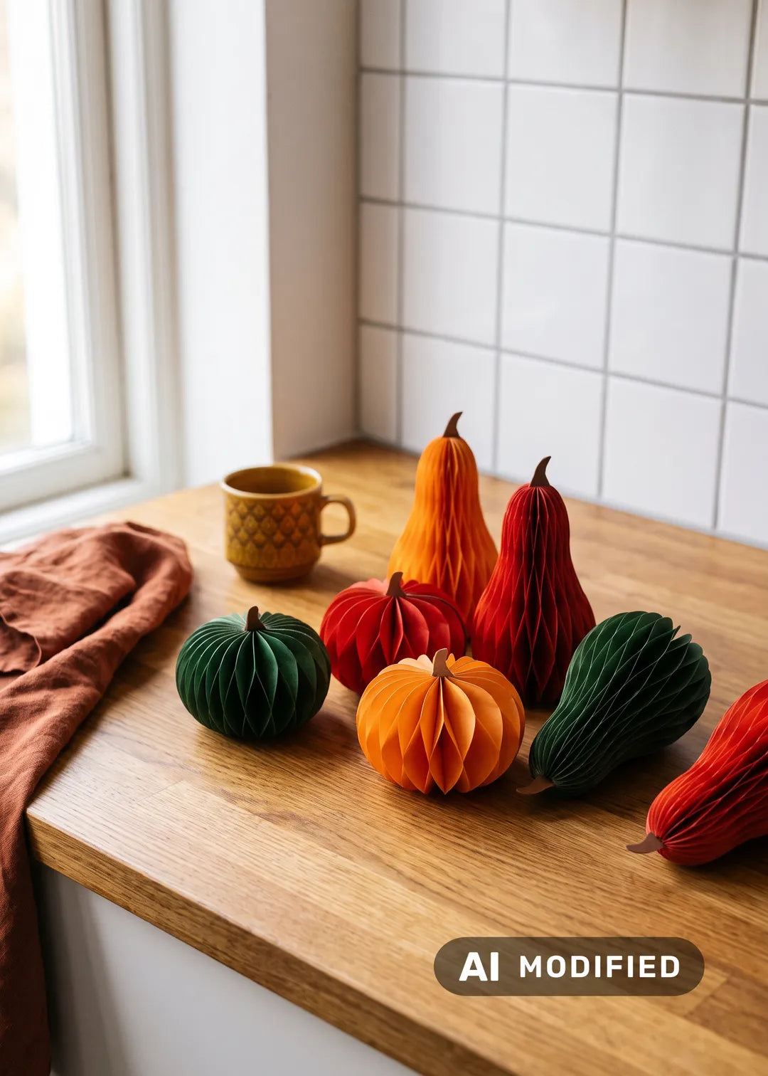 Six colorful honeycomb paper pumpkin decorations for party decor, featuring vibrant orange and yellow tones.