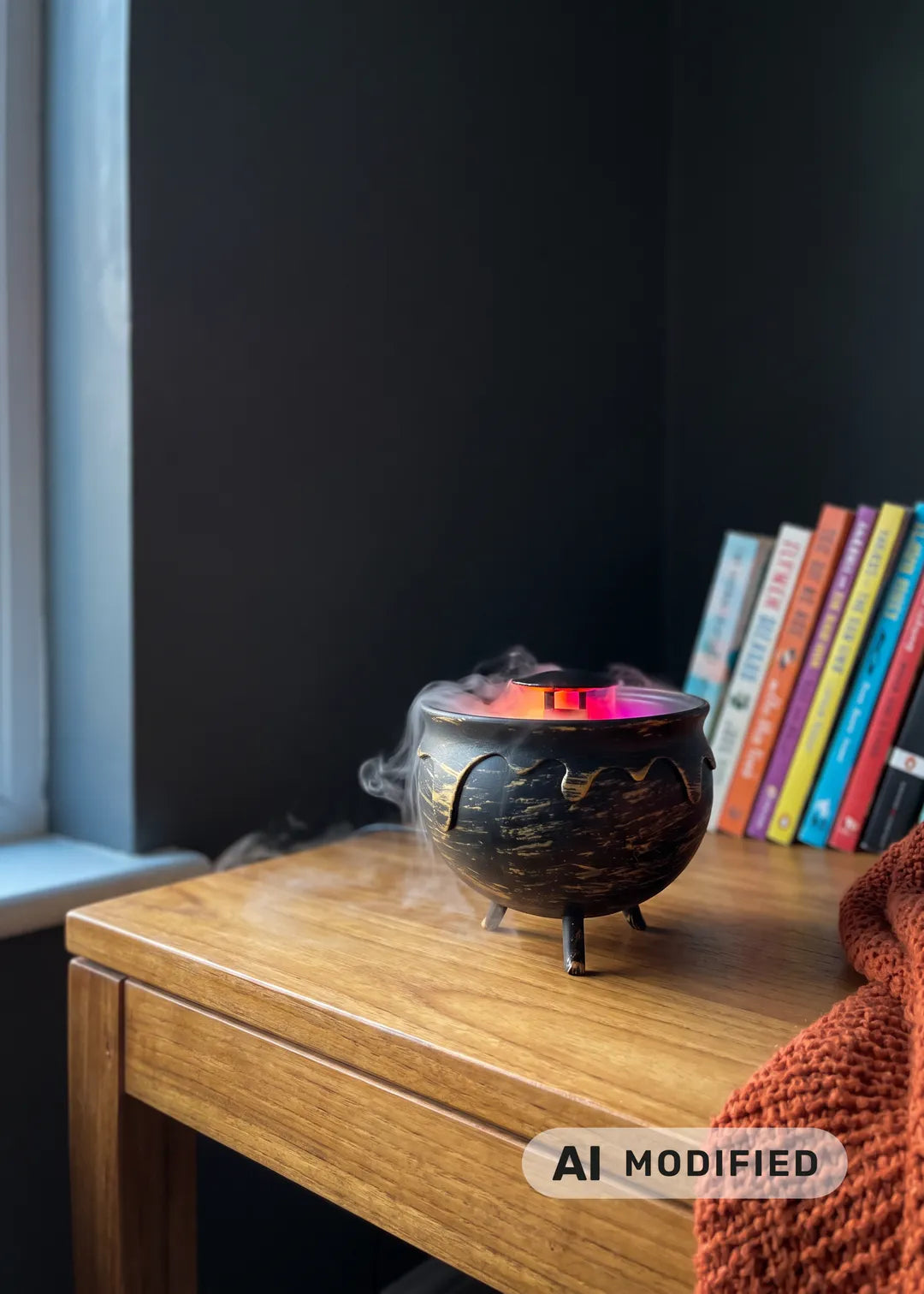 Flying Tiger Copenhagen fog machine shaped like a cauldron with color-changing lights, 12 cm gadget for spooky effects.