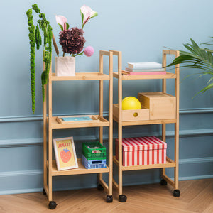 Two wooden trolley shelves on wheels with books, storage boxes and flowers against a light blue wall