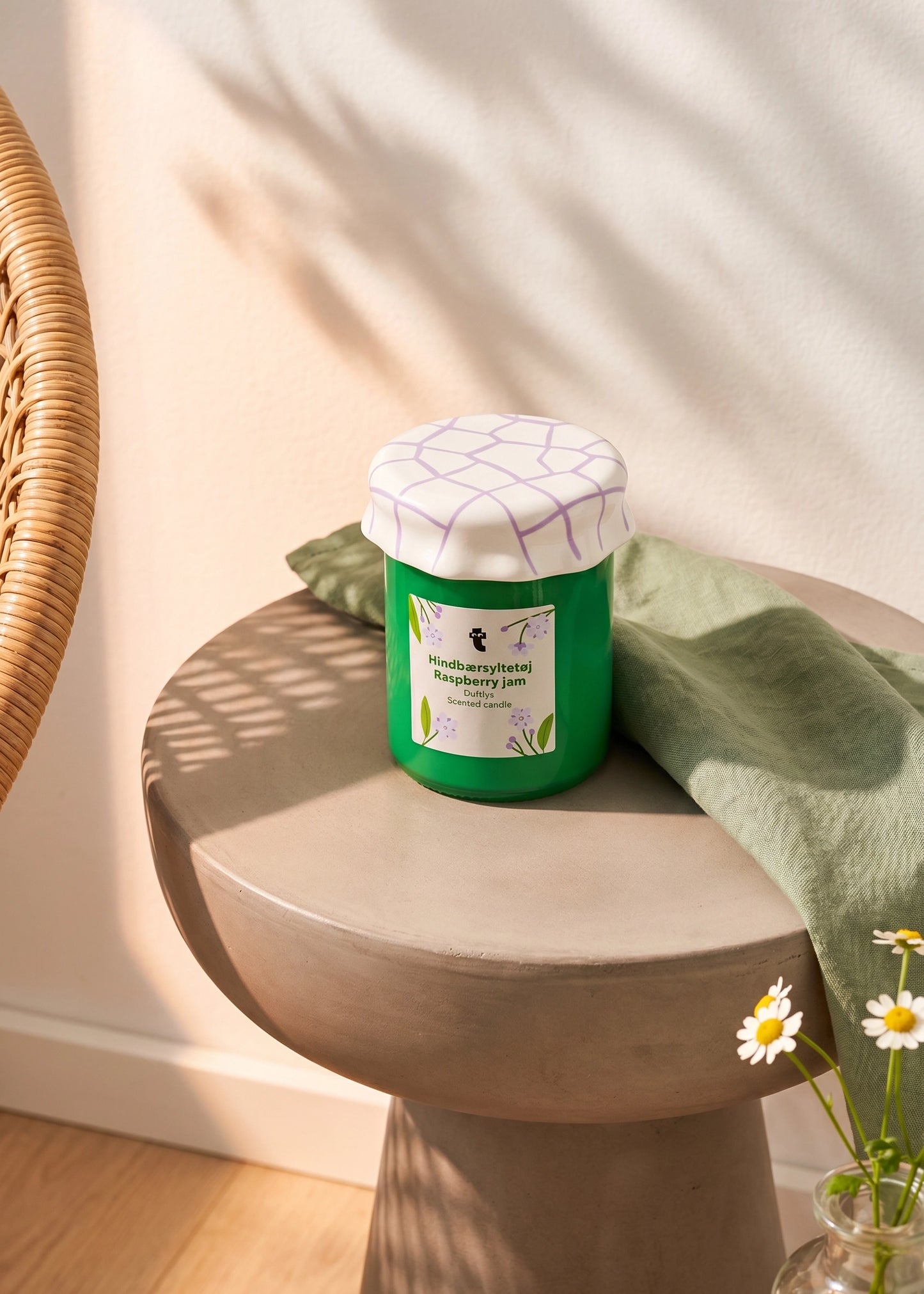 Flying Tiger Copenhagen raspberry jam scented candle shaped like a jam jar for home decor and fragrance.