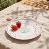 Ceramic kitchen plate with dotted and seashell design, 16 cm, by Flying Tiger Copenhagen, featuring a white background with blue dots and seashells.