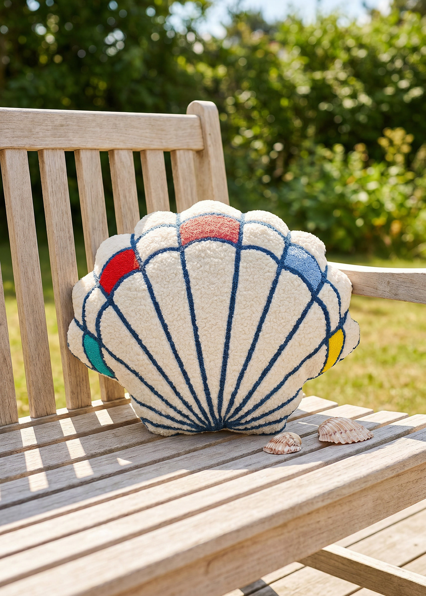 Shell cushion from Flying Tiger Copenhagen, 32x39 cm, soft fabric with shell pattern, ideal for home decor and comfortable seating.