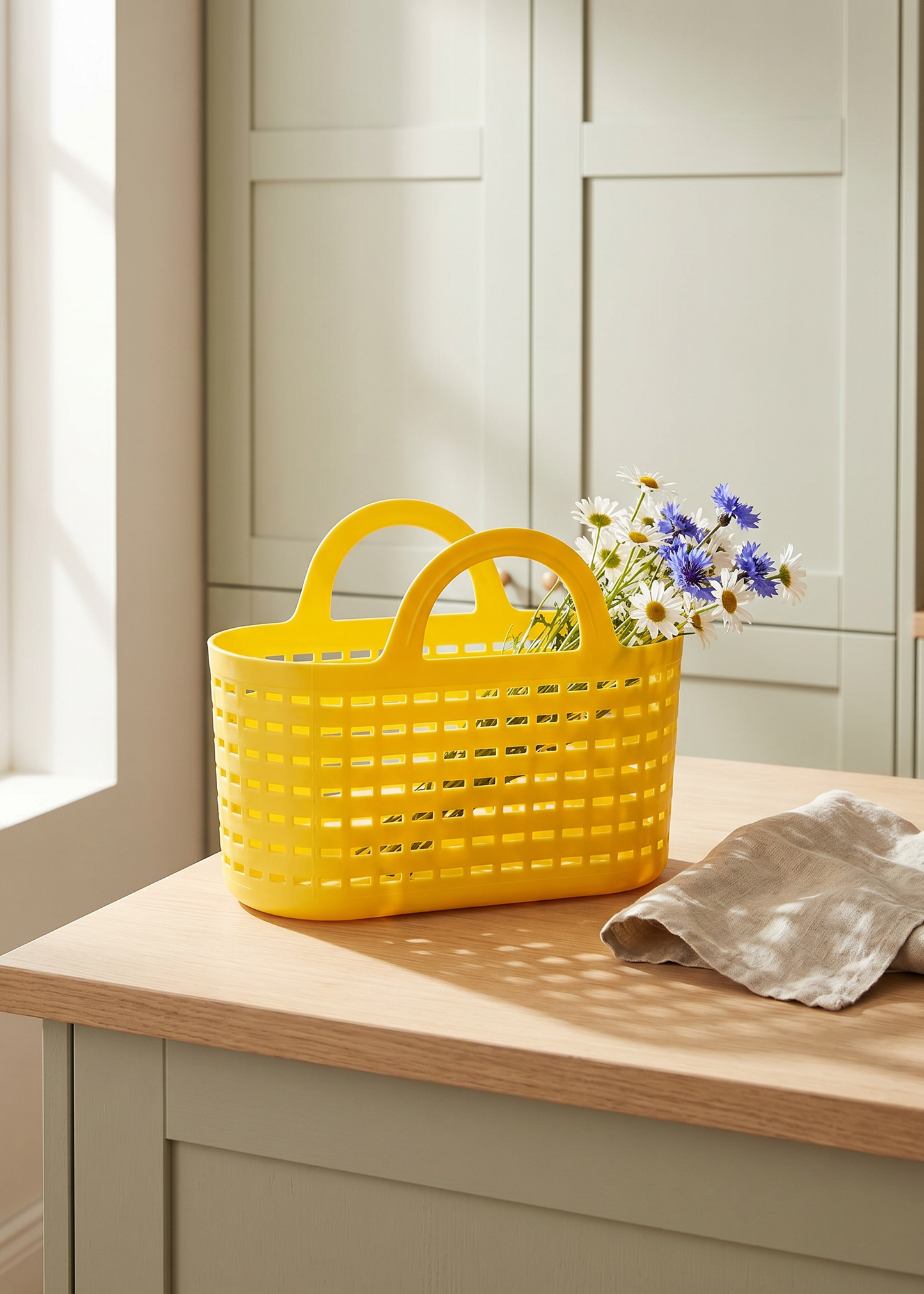 Yellow home storage basket with handles, 23x30 cm, by Flying Tiger Copenhagen, shown with handles and woven texture.