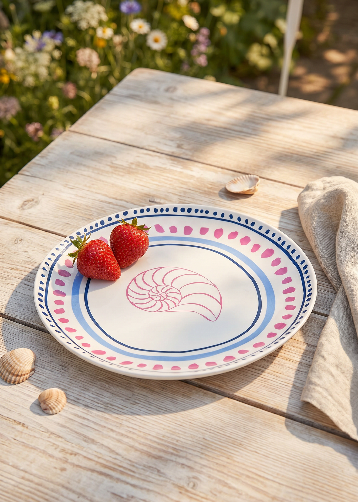 Ceramic kitchen plate with blue dots and seashell design, 20 cm diameter, by Flying Tiger Copenhagen.