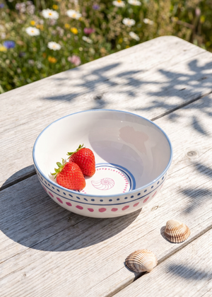 Ceramic Flying Tiger Copenhagen kitchen bowl with white dots and seashell design, 12 cm diameter, on a white background.