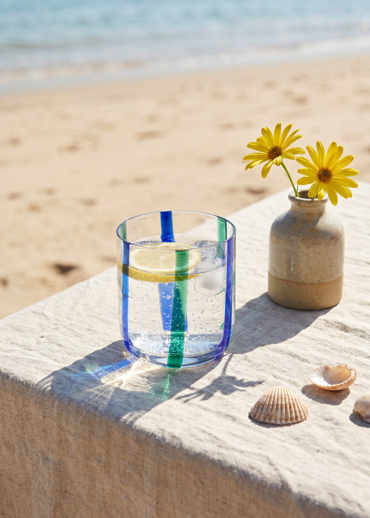 Glass with blue and green stripes, 300 ml, kitchen drinking glass by Flying Tiger Copenhagen, clear glass with colorful stripe design.