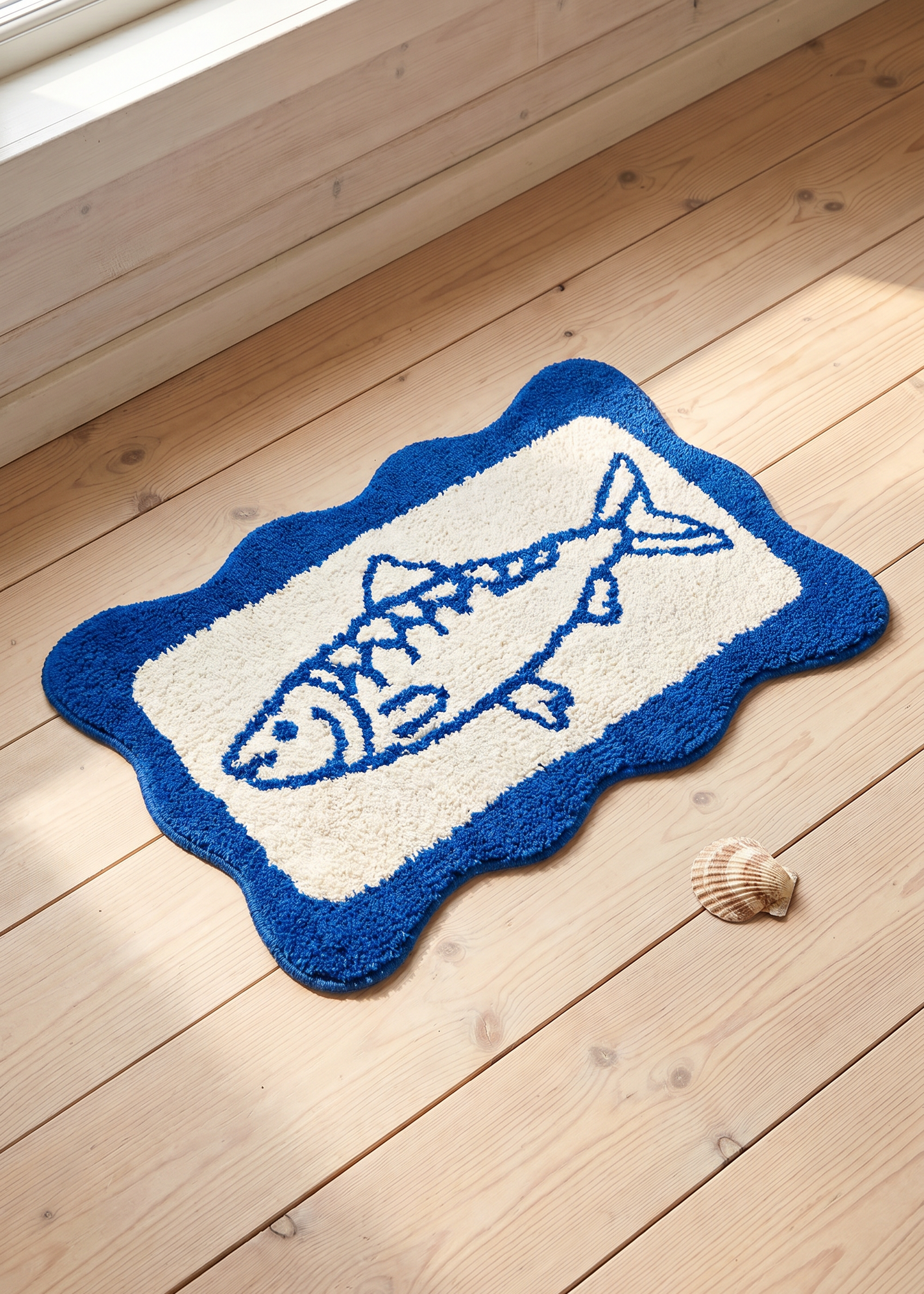 Flying Tiger Copenhagen fish motif bath mat, 40x60 cm with colorful fish design, soft fabric for bathroom decor and comfort.
