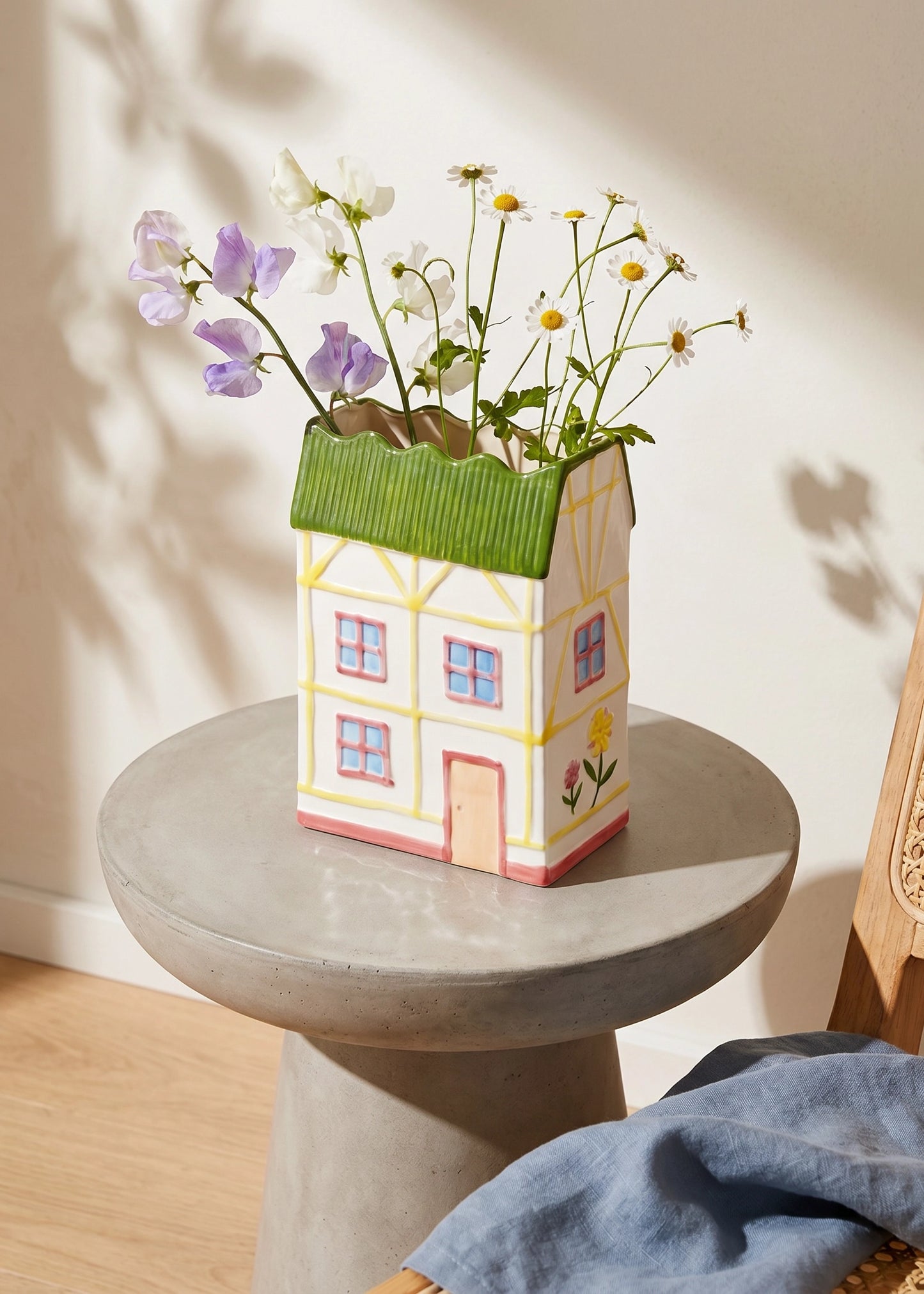 Blue ceramic house vase, 20 cm tall, decorative home accent by Flying Tiger Copenhagen with a charming house design.