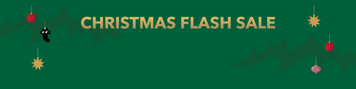 Dark green Christmas flash sale banner with gold “CHRISTMAS FLASH SALE” text, pine silhouettes, and hanging baubles, stars, and a black cat ornament.