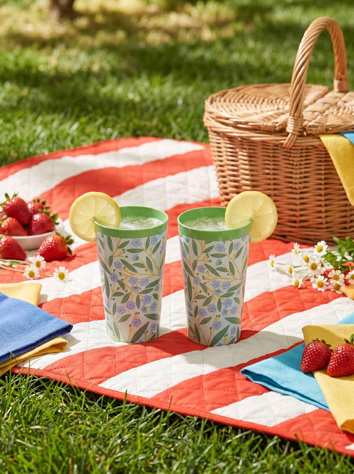 Two tall reusable party cups with colorful summer print from Flying Tiger Copenhagen, perfect for summer gatherings.