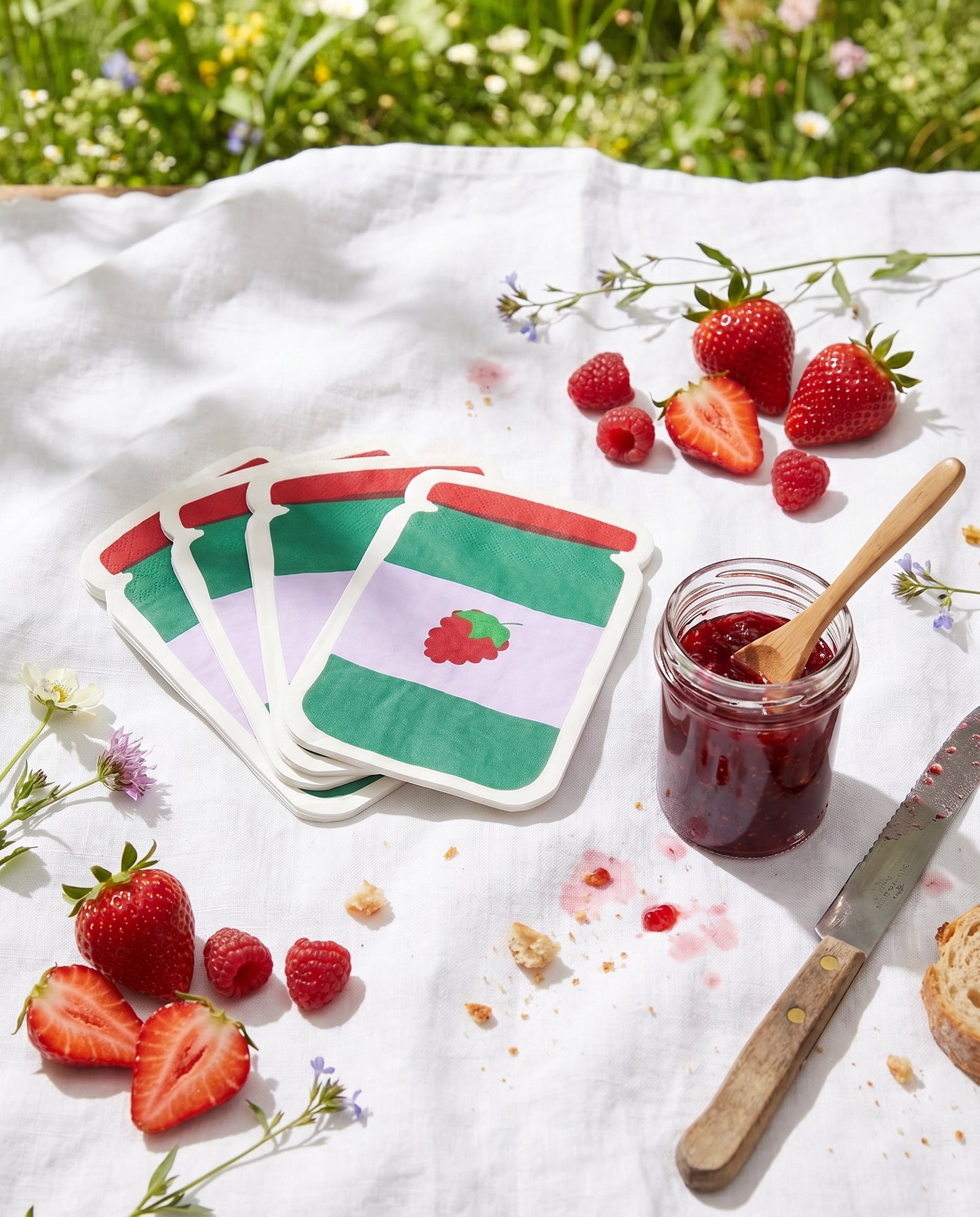 Set of 16 Flying Tiger Copenhagen jam jar-shaped party napkins with fun, colorful design for celebrations and gatherings