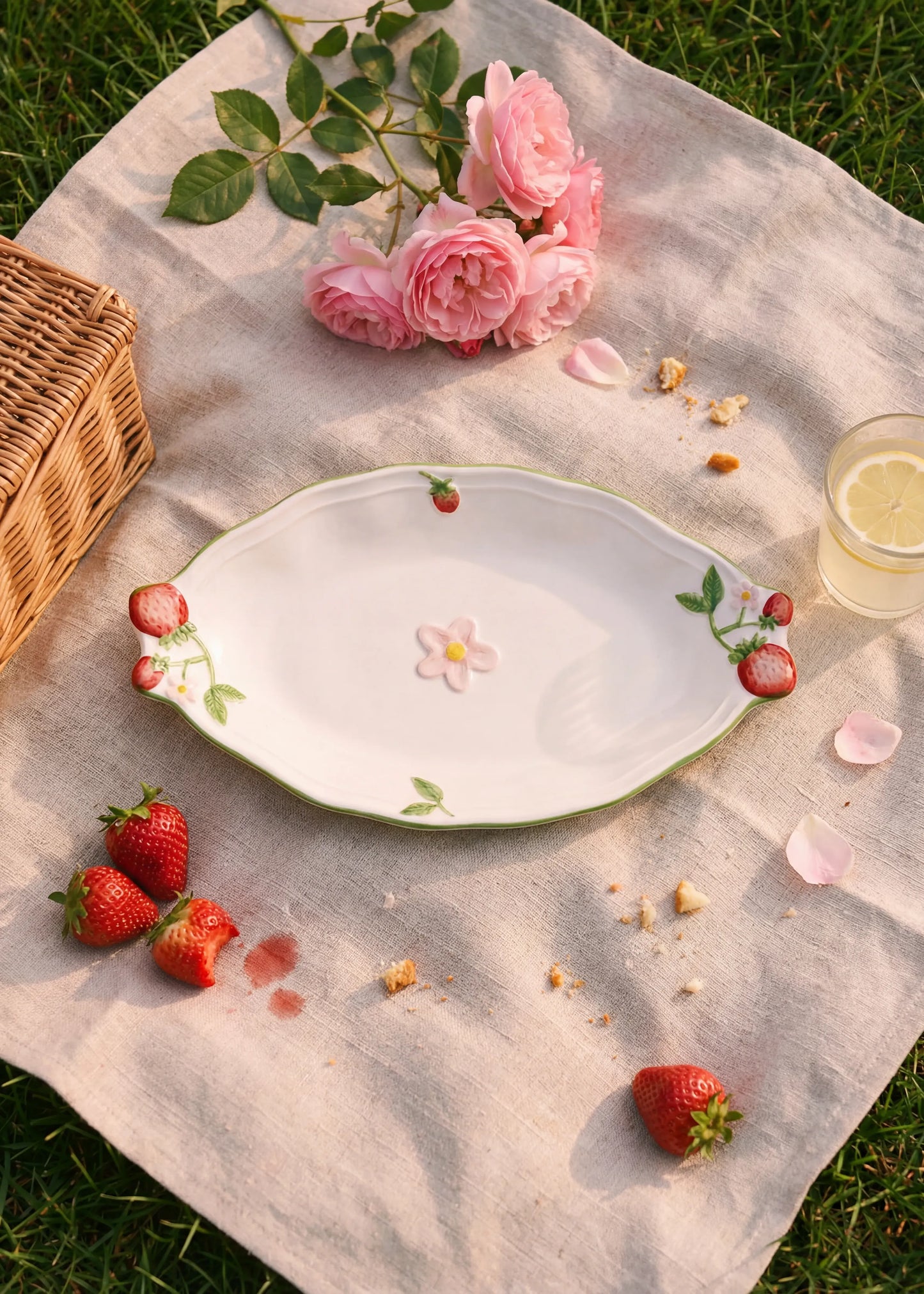 Oval plate with embossed strawberries - 34 cm