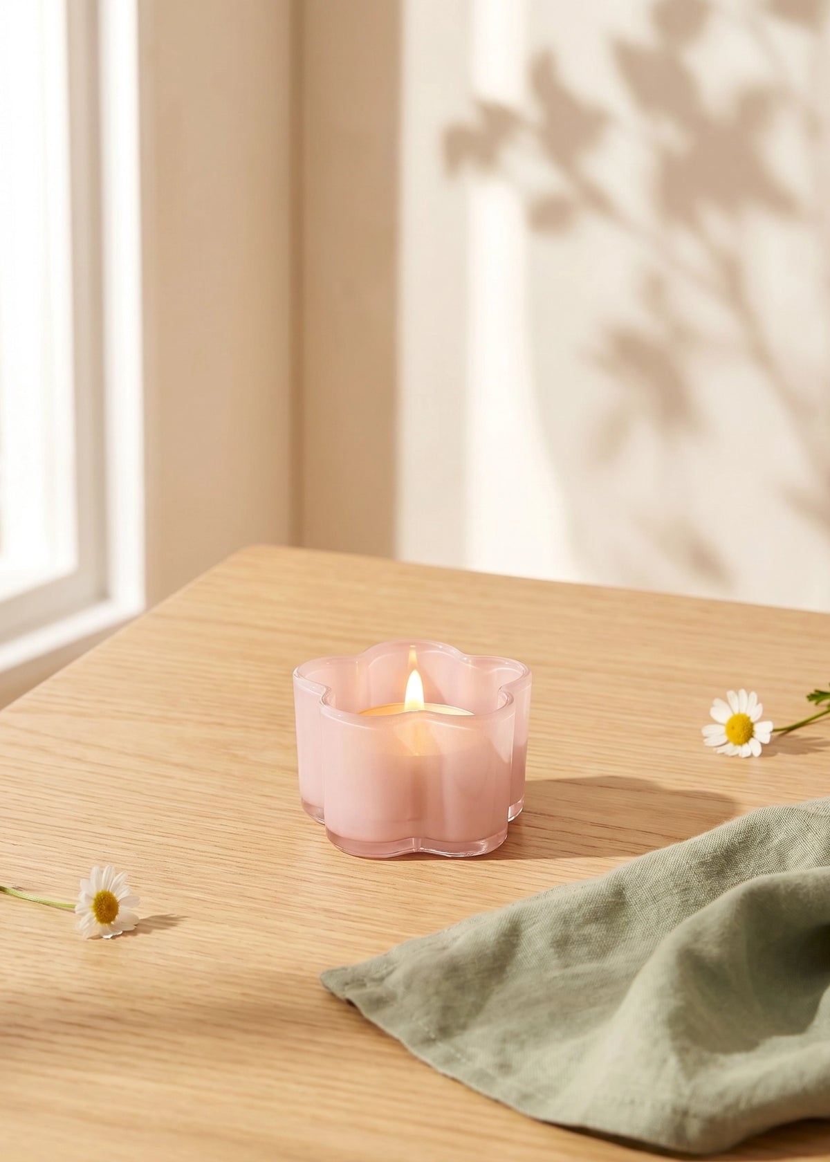 Milky pink glass tealight holder for home decor, featuring a smooth, rounded design by Flying Tiger Copenhagen.