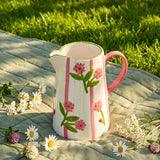 1L hand-painted striped and floral ceramic jug for kitchen use, featuring colorful summer flower design by Flying Tiger Copenhagen