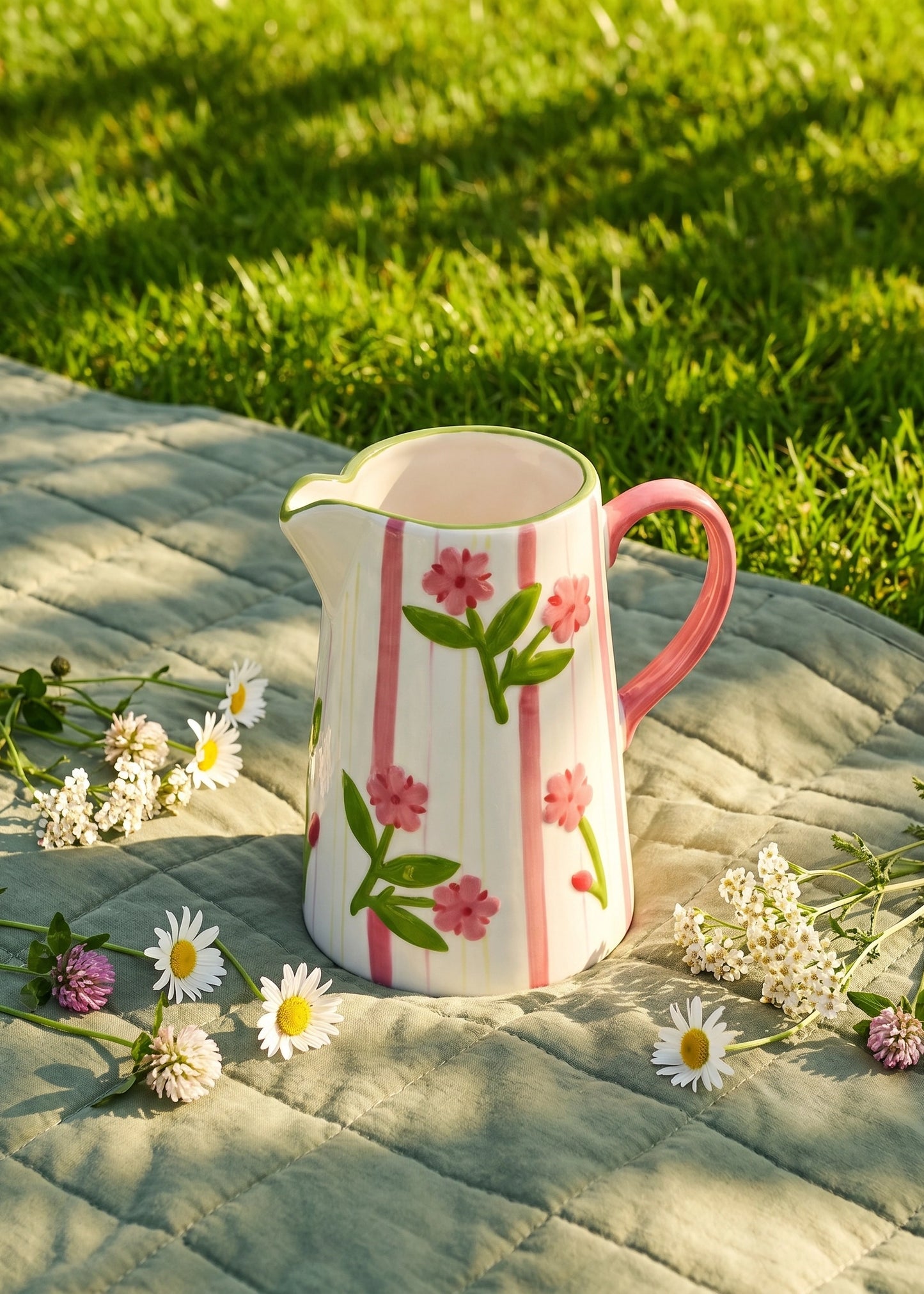 1L hand-painted striped and floral ceramic jug for kitchen use, featuring colorful summer flower design by Flying Tiger Copenhagen