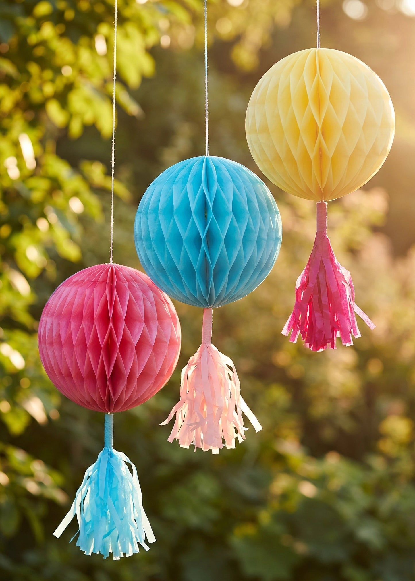 Three colorful paper pom poms for hanging, perfect for party decor, featuring vibrant summer garden colors from Flying Tiger Copenhagen.
