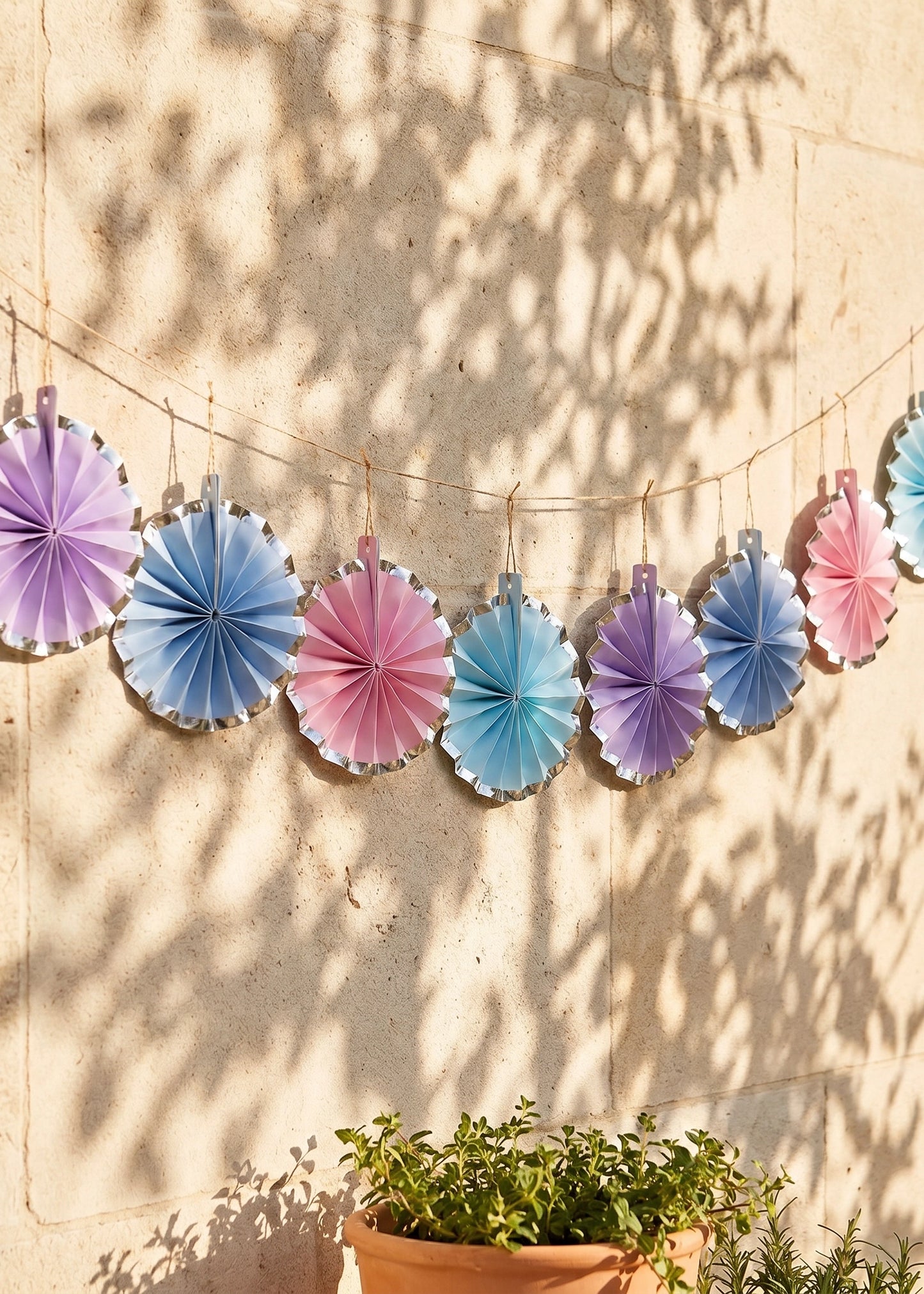Colorful paper fans garland from Flying Tiger Copenhagen, 200 cm long, perfect for summer garden party decor.