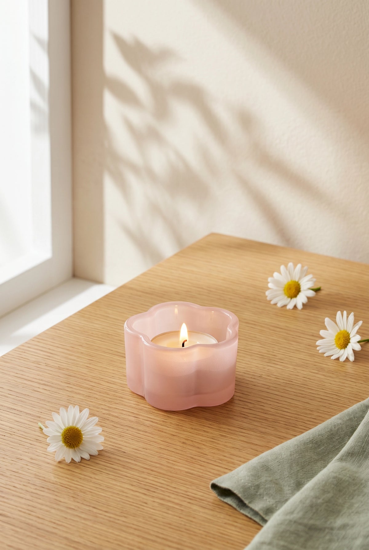 Milky pink glass tealight holder from Flying Tiger Copenhagen, designed for home decor and ambient lighting.