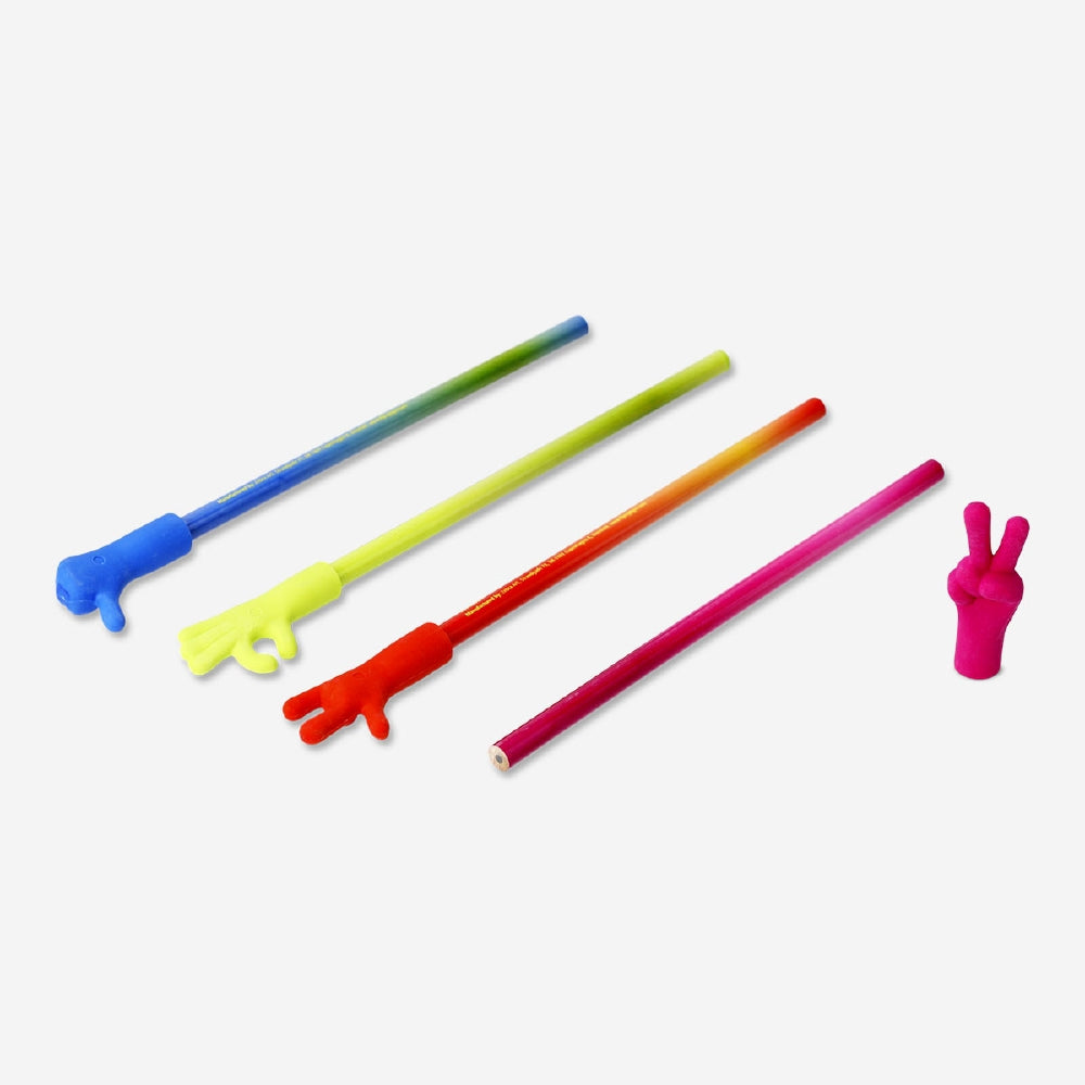 Set of four office pencils with hand sign erasers, featuring colorful designs, from Flying Tiger Copenhagen.