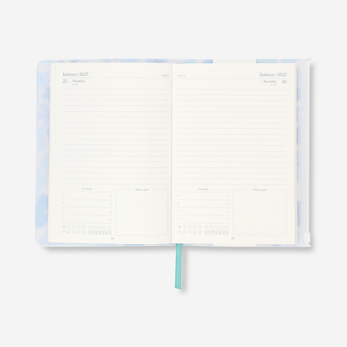 Blue floral A5 daily diary 2027 by Flying Tiger Copenhagen for office use, featuring a floral design on the cover.