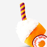 Flying Tiger Copenhagen pumpkin spice latte pet toy, a fun leisure plush for cats and dogs with a pumpkin and latte design.
