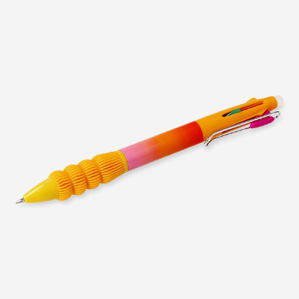 Orange multi-colored erasable gel pen from Flying Tiger Copenhagen, office pen with vibrant ink colors and eraser tip.