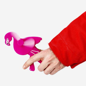 Pink flamingo handheld fan gadget from Flying Tiger Copenhagen, featuring a compact design and vibrant flamingo illustration.