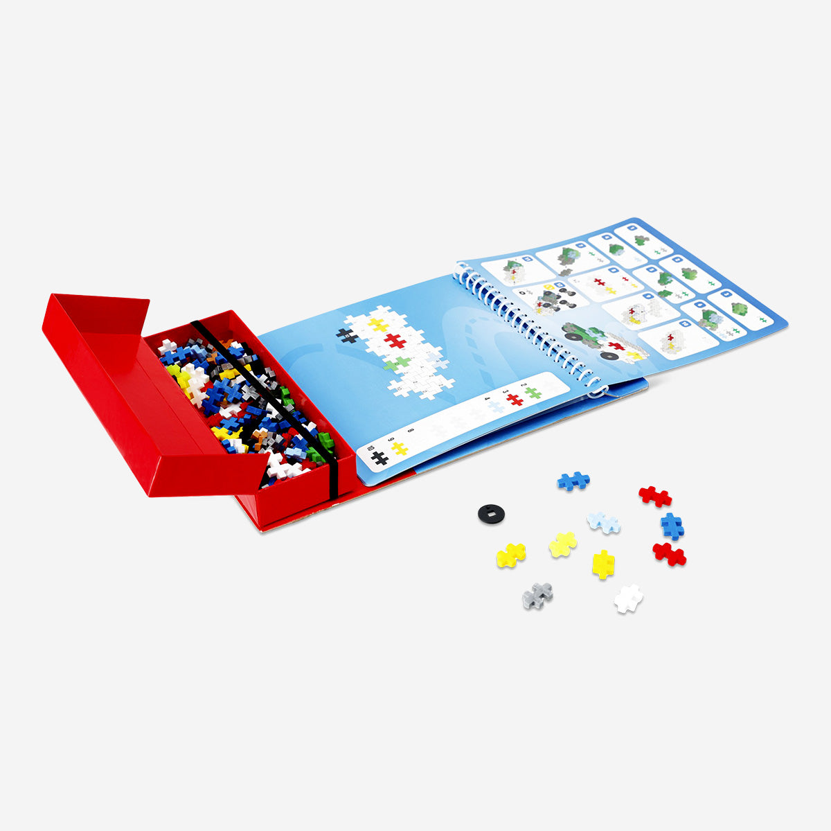Colorful Flying Tiger Copenhagen Plus Plus transportation activity toy book with vehicle illustrations for kids.