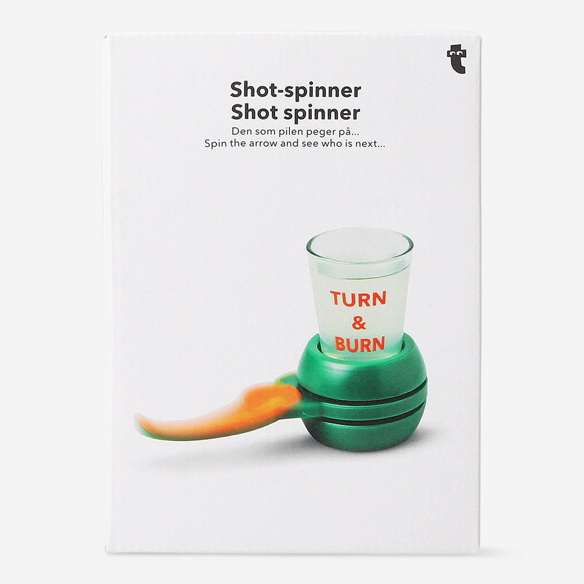 Flying Tiger Copenhagen shot spinner gadget with colorful spinning top and compact design on a white background.