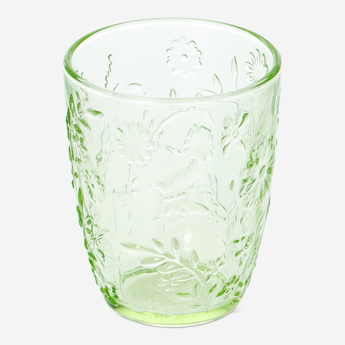 Green drinking glass with embossed flowers - 220 ml