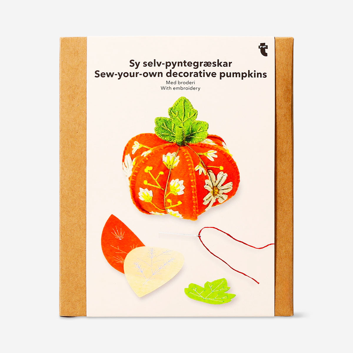 Embroidery DIY pumpkins craft kit from Flying Tiger Copenhagen featuring colorful stitched pumpkin designs for hobbies.