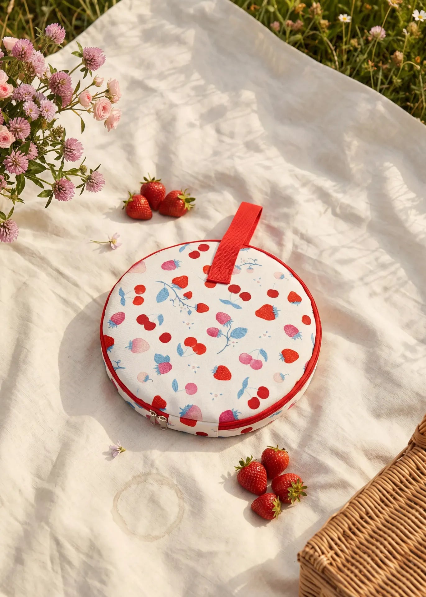 Flying Tiger Copenhagen picnic set for 2 persons with plates, cups, and utensils displayed on a wooden table.