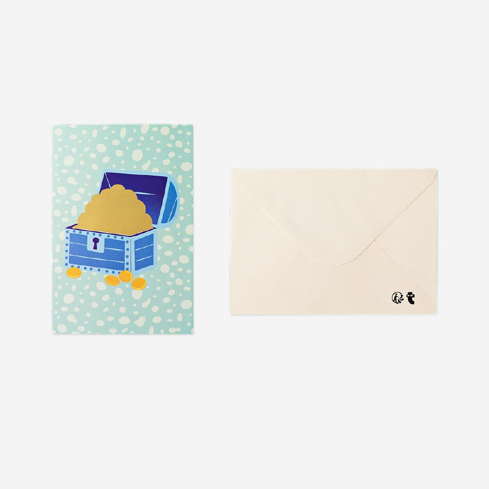 Flying Tiger Copenhagen office greeting card featuring a treasure chest with scratch-off feature, colorful and detailed design.