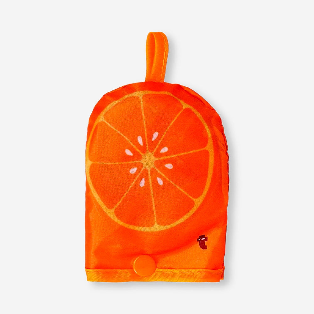 Foldable orange print textile fan by Flying Tiger Copenhagen, showcasing its compact, foldable design and vibrant fabric.