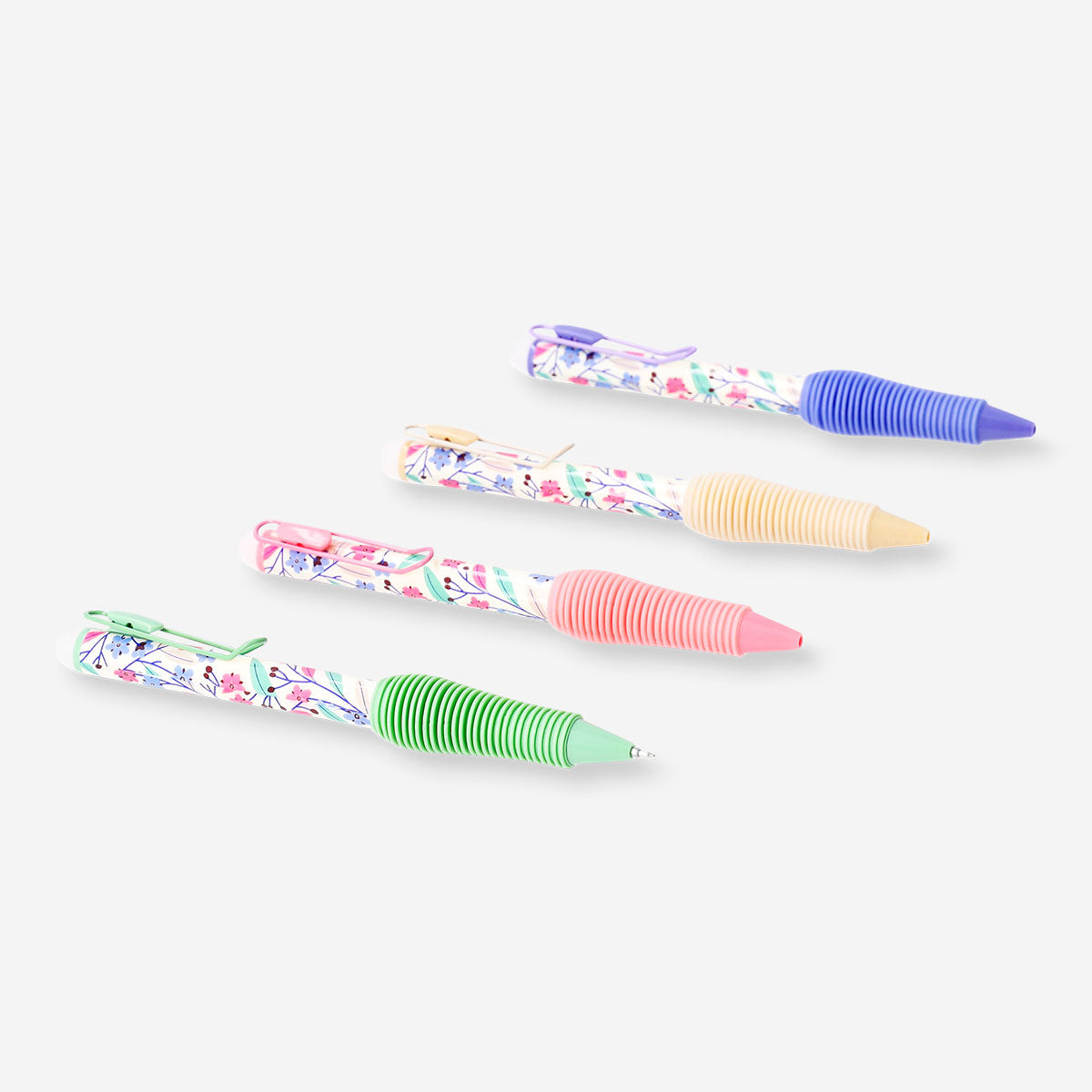 Set of 4 erasable ballpoint pens with floral design and clips by Flying Tiger Copenhagen, ideal for office use.