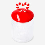 Kitchen storage jar with candy cane lid, 15 cm, from Flying Tiger Copenhagen, featuring a clear glass body and festive red and white lid.