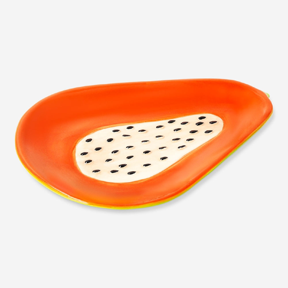 19 cm Flying Tiger Copenhagen papaya-shaped kitchen plate with vibrant orange and green design on smooth ceramic surface.