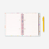 Flying Tiger Copenhagen floral office notebook with page markers and a pen for organized writing and note-taking.
