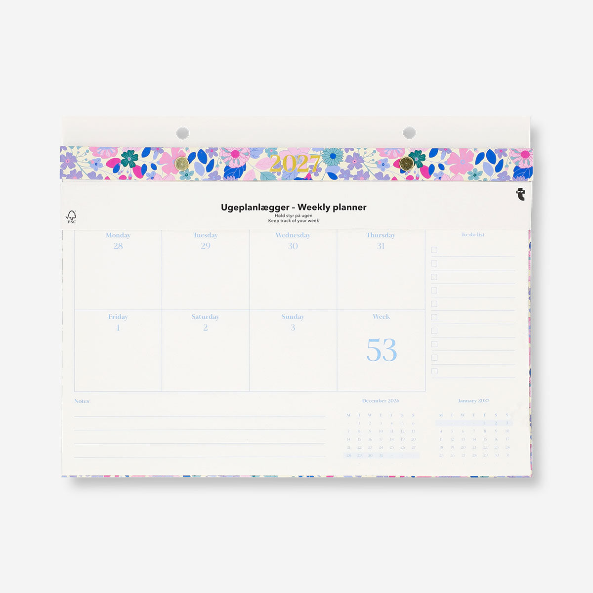 Flying Tiger Copenhagen floral weekly planner 2027 with colorful floral cover, ideal for organizing weekly schedules.