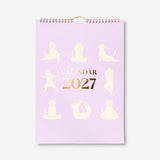 Flying Tiger Copenhagen yoga cat monthly calendar for hanging in 2027, featuring colorful feline illustrations for office decor.