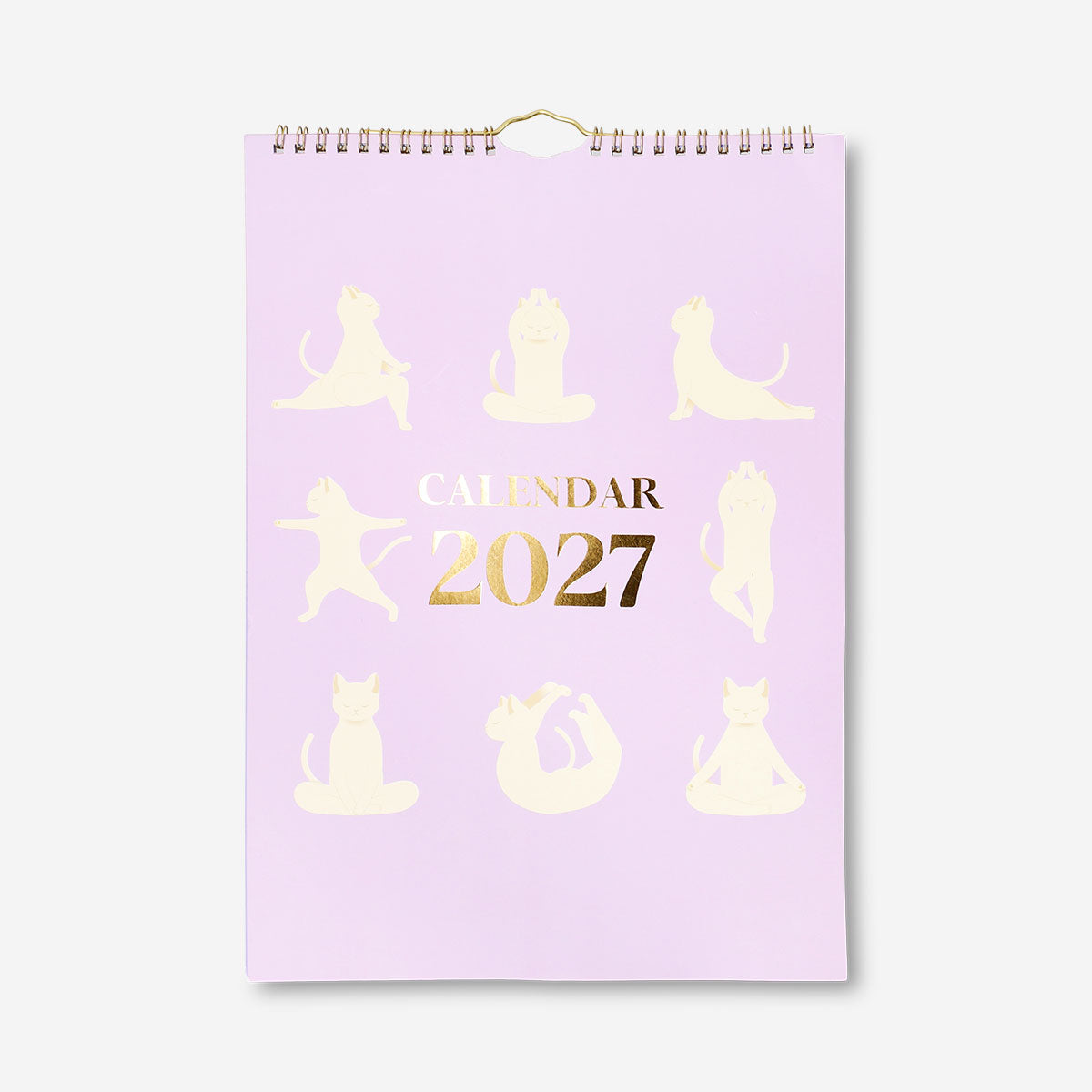 Flying Tiger Copenhagen yoga cat monthly calendar for hanging in 2027, featuring colorful feline illustrations for office decor.